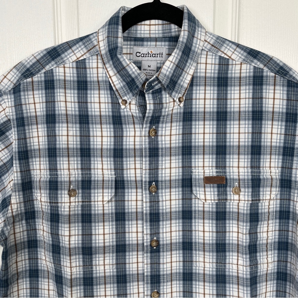 Carhartt Shirt Mens MD Blue White Plaid Button Up Heavyweight CottonShort Sleeve